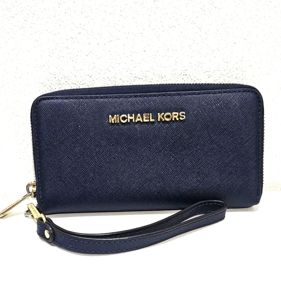 Michael Kors Jet Set Wallet Zip Around With Wristlet Dark Blue - Picture 2 of 14